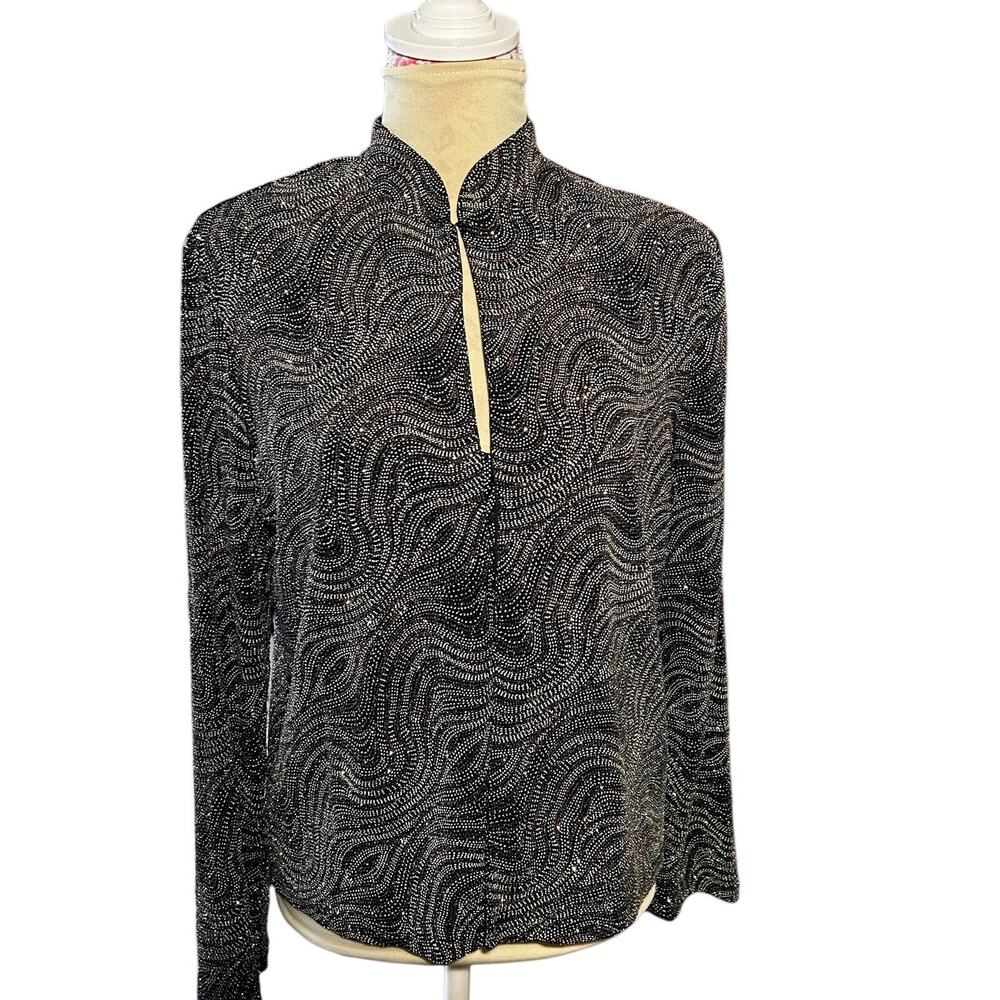 MSK Women's Two-Piece Cardigan & Tank Set Black/Green/Gold Metallic Bling Sz. L